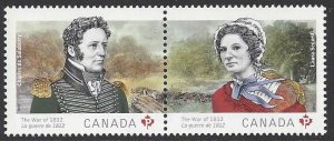 Canada #2555a & 2651a MNH pairs, War of 1812, issued 2012 / 13