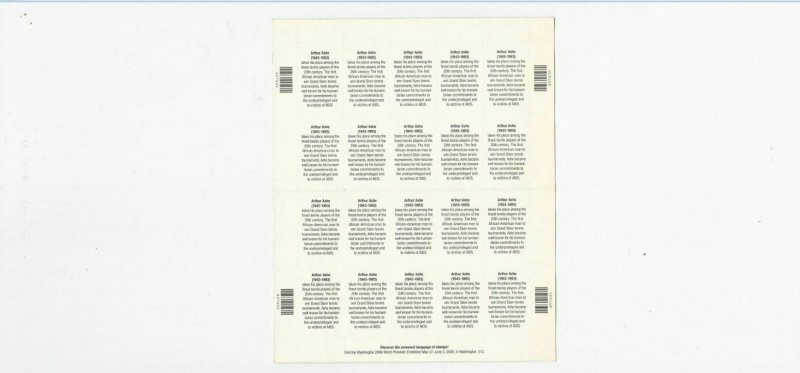 US Stamps Sheet/Postage Sct #3936 Arthur Ashe-tennis player MNH F-VF OG  FV 7.40