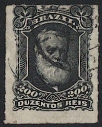 BRAZIL  1878 Sc 73 Used 200r VF, Emperor Don Pedro, Off-center Roulette, cv $17