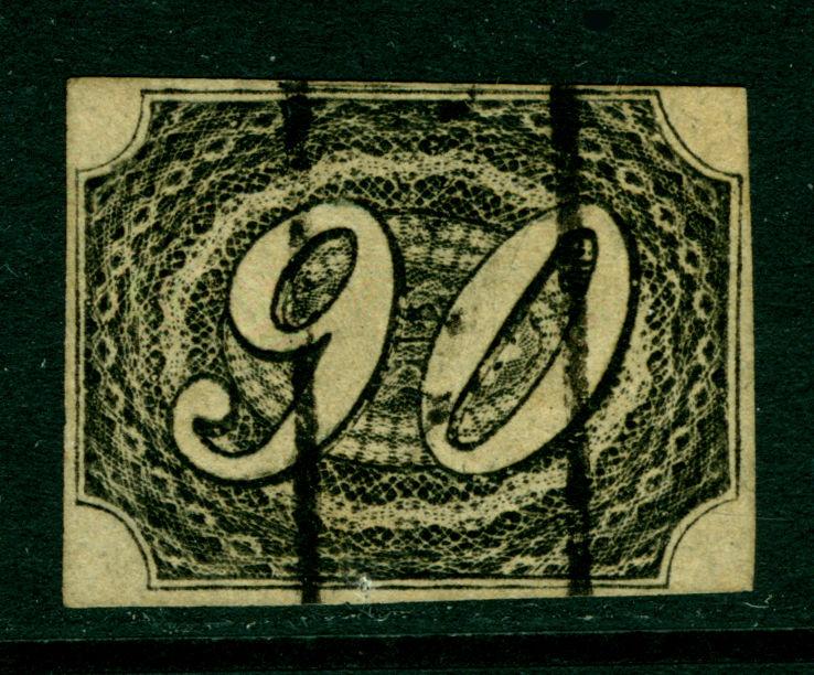 BRAZIL 1844  Slanted Numerals  90r intense black  TYPE I  Scott # 10 used VF