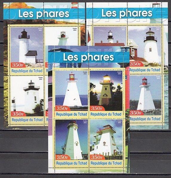 Chad, 2003 Cinderella issue. Lighthouses on 3 sheets of 4