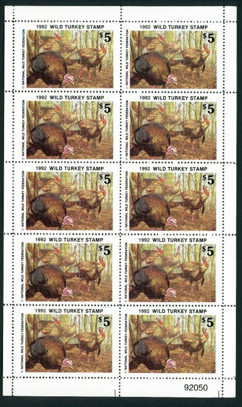 NATIONAL WILD TURKEY FEDERATION STAMP 1992 FULL SHEET OF 10 .Reg $35 single