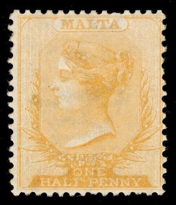 Malta 1874 QV ½d golden yellow (aniline) Watermark 'CC' Perf 14 MLH. SG 9. Sc 4.