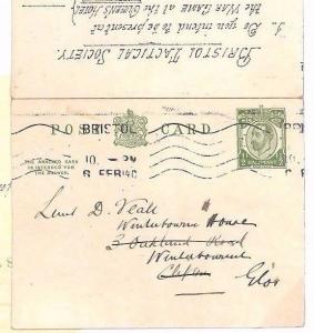 GB POSTAL STATIONERY 1911 *Bristol Tactical Soc* Military WAR GAME Reply Card 