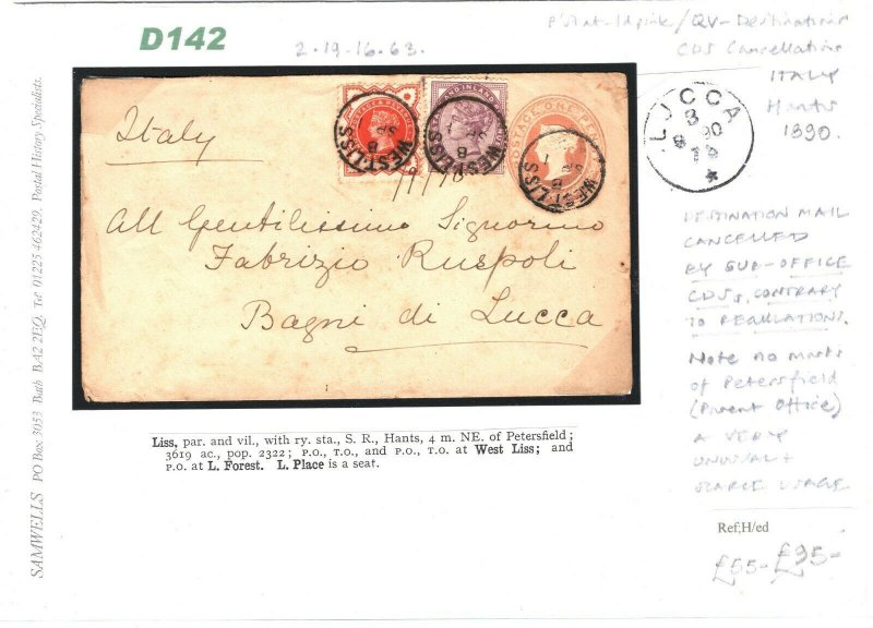 GB Cover Hants *West Liss* CDS Cancel Combination ITALY Lucca 1890{samwells}D142