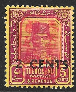 MALAYA-JAP.OCC. SGJ99a TRENGGANU 1942 2c ON 5c PURPLE/YELLOW RED OVPT LMM (p)