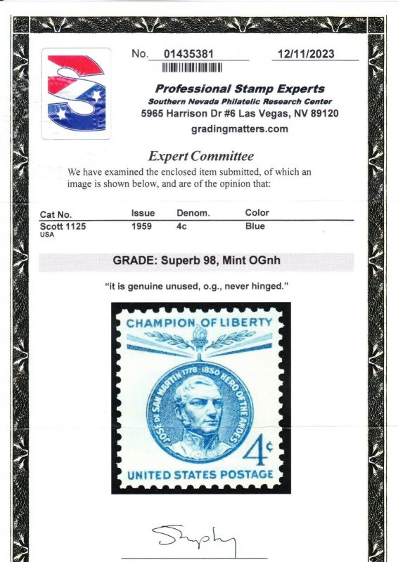 MOstamps - US #1125 Mint OG NH Graded 98 with PSE cert - Lot # MO-4747 SMQ $75