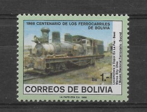 BOLIVIA 1988 CENTENARY OF BOLIVIAN RAILWAYS TRAINS LOCOMOTIVE 1 VALUE MNH