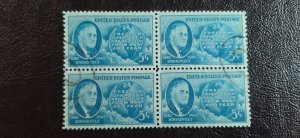 US Scott # 933; used 5c FDR and Map from 1946; block of 4; VF/XF centering