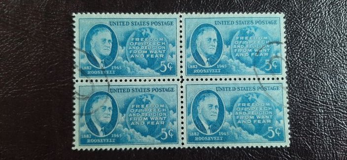 US Scott # 933; used 5c FDR and Map from 1946; block of 4; VF/XF centering