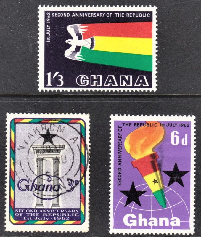 Ghana Scott 121-23 complete set  F to VF mint & used.