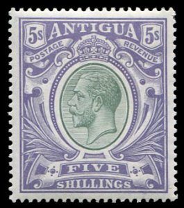 Antigua #41 Cat$100, 1914 George V, 5sh violet and green, lightly hinged