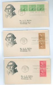US 848-850 1939 Three first day covers affixed with prexy vertical coils (1c, 1.5c & 2c) with matching addressed (typed) Adam be