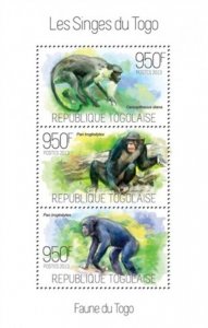 Togo - 2013 Monkeys on Stamps - 3 Stamp Sheet - 20H-745