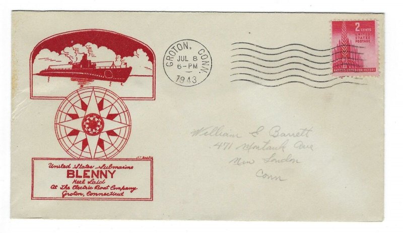 VEGAS - 1943 USA Submarine USS Blenny Keel Laid Cover - Groton, CT - EQ105