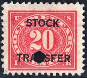 RD6 20¢ Stock Transfer Stamp (1918) Punched