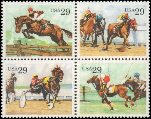 United States #2759a, Complete Set, Block Of 4, 1993, Sports, Horses, Never H...