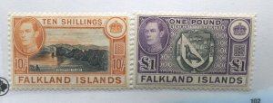 Falklands KGVI 1938 10/ and £1 mint o.g. hinged