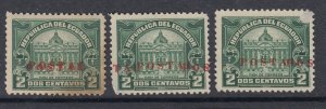 Ecuador 1929 2c Deep Green POSTAL O/P Varieties x 3 Mint. Scott 302 var