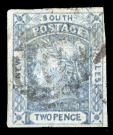 New South Wales #14 Cat$42.50, 1852 2p blue, used, margins all around