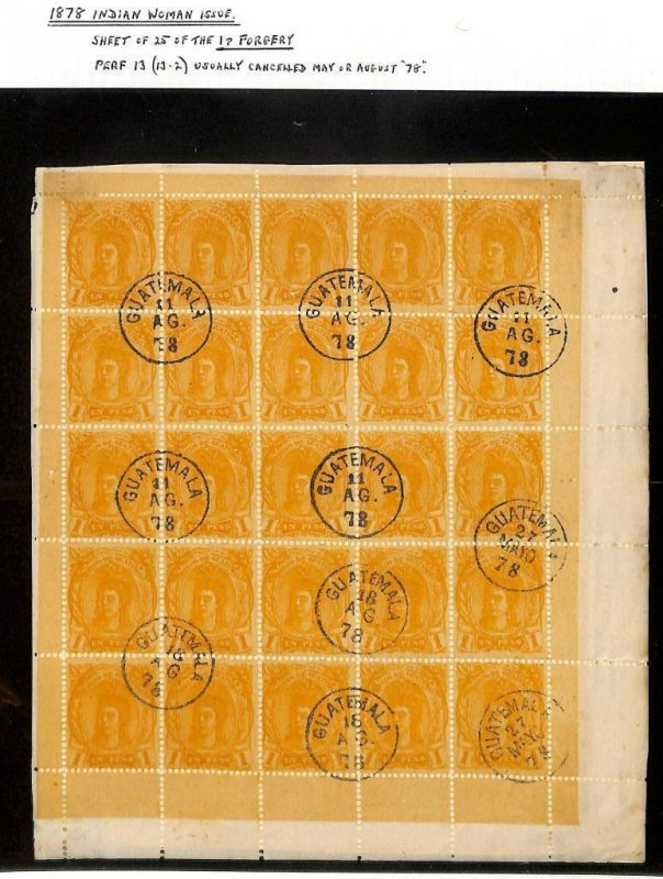 GUATEMALA #14 FORGERY SHEET OF 25 USED STAMPS BLOCKS & SINGLES (x53) (1878)