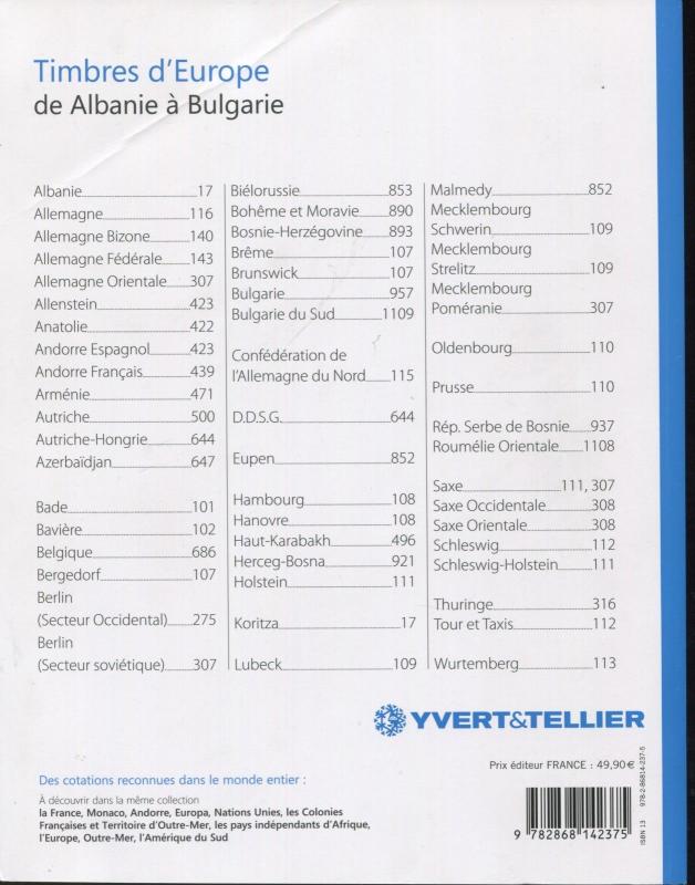 2014 French Yvert & Tellier Europe Postage Stamp Catalogue A-B Volume 1 