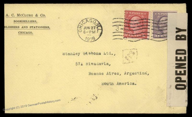 USA 1918 2c 3c Washington Coils Cover Buenos Aires Argentina WWI Censor 89432