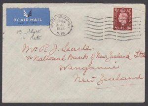 GB 1938 1½d rate 'All Up' airmail first flight cover to New Zealand.........Q124