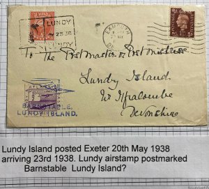 1938 Lundy Channel Island England Airmail Cover To Devonshire Via Exmouth