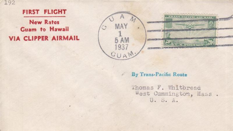 1937, Guam to MA, New Rate Clipper Mail, Guam to HI (4034)