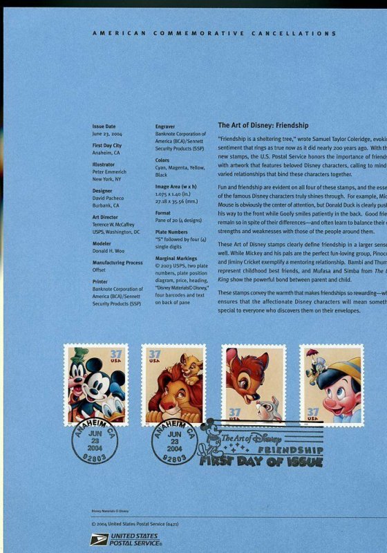 UNITED STATES 2004 THE ART OF DISNEY FRIENDSHIP SOUVENIR PAGE FD CANCELED