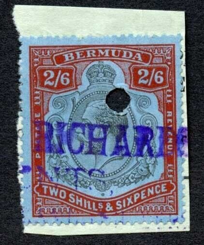 Bermuda SG89 2/6 Black and Carmine on pale blue Ex Dickgiesser Punched Hole