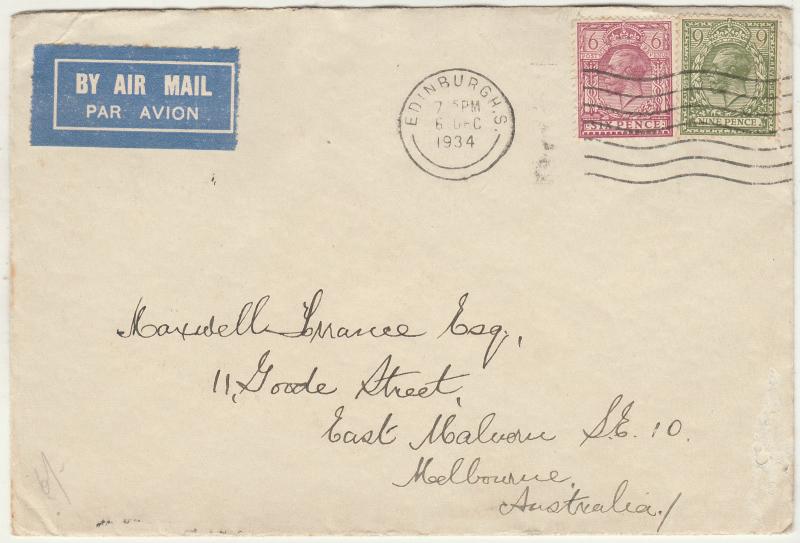 GREAT BRITAIN 1934 KGV AIRMAIL COVER TO AUSTRALIA