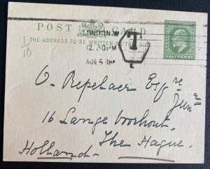 1908 London England Postcard Postal Stationery Cover To The Hague Netherlands