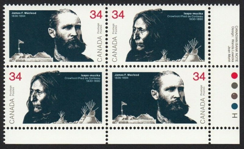 CROWFOOT, ABORIGINAL = HISTORY 1870's = Canada 1986 #1109a MNH LR BLOCK OF 4