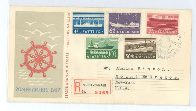 Netherlands B306-10 1957 Ships; Registered FDC Gravenhage-Mt. McGregor, NY