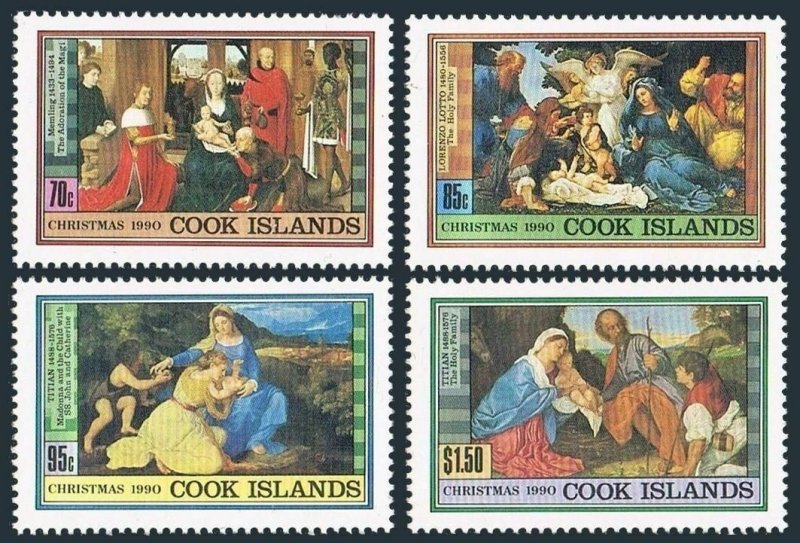 Cook Isl 1042-1045,1046 sheet,MNH. Christmas 1990.Madonna and Child Enthroned.