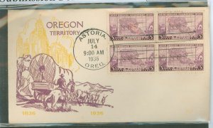 US 783 1936 3c Oregon Territory Centennial (block of four) on an unaddressed FDC with an Astoria, OR cancel and an unknown cache