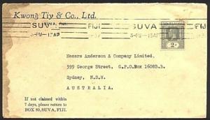 FIJI 1937 GV 2d on cover - Suva machine cancel.............................98806