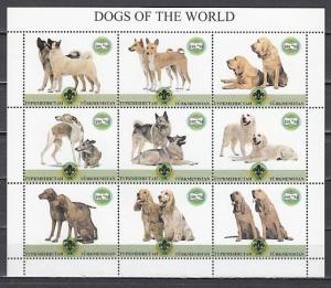 Turkmenistan, 1999 Russian Local. Various Dogs sheet of 9.  Scout Logol