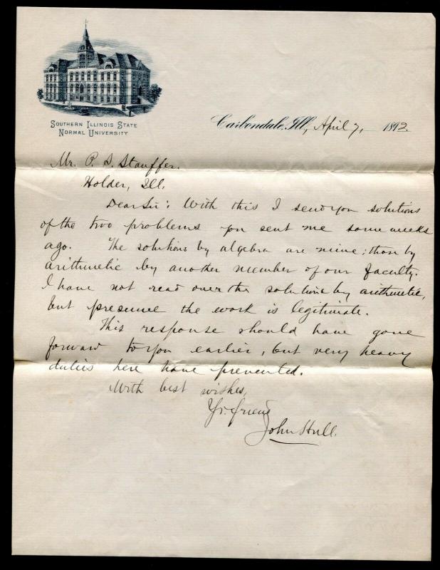 1892 Southern Illinois Normal University - Carbondale, IL to Holder, IL - Letter