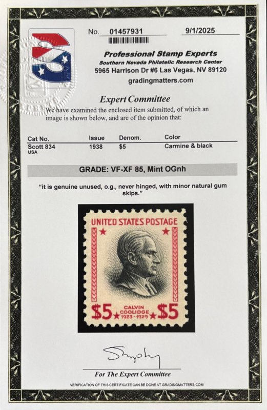 US #834 MINT OG NH VF/XF with PSE Cert