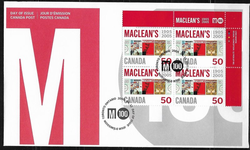 2005 Canada 2104 Maclean's Magazine Cent. PB4 FDC