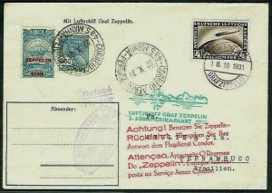 GERMANY/BRAZIL 1931 Combination franking 3rd So. American Zeppelin Flight