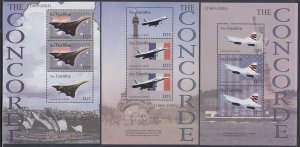 GAMBIA Sc# 2800-2 CPL MNH SET of 3 S/S of 3 DIFF STAMPS EA - CONCORDE AIRCRAFT