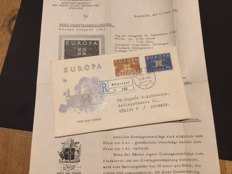 Iceland 1963 Europa Registered first day cover Ref 60362