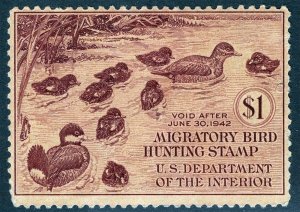US Sc RW8 Brown Carmine $1.00 1941 Hunting Permit Original Gum Hinged Duck
