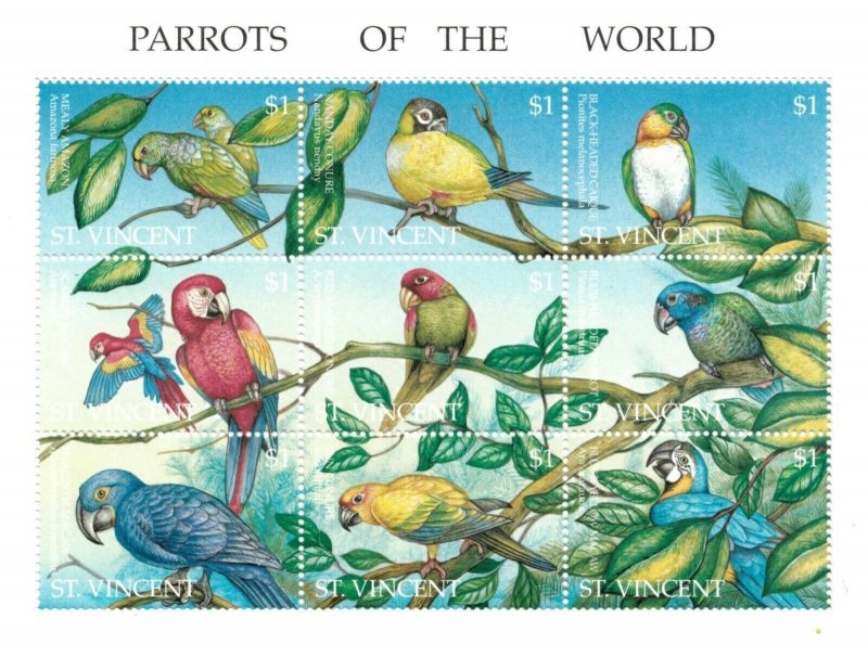 St. Vincent 1995 SC# 2153 Parrots of the World, Birds - Sheet of 9 Stamps - MNH