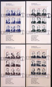 U.S. Used #2216 - 2219 22c Ameripex ’86 Presidents Set of 4 Sheets SOTN FDC