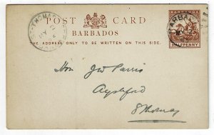 Barbados 1893 GPO cancel on postal card to St. Thomas